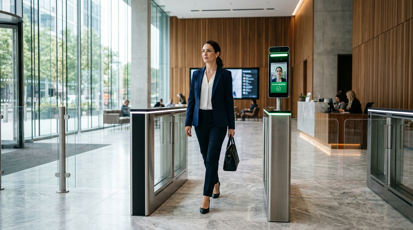 Employee approaching a FacePe-enabled speed gate in a modern corporate lobby with biometric facial access verification