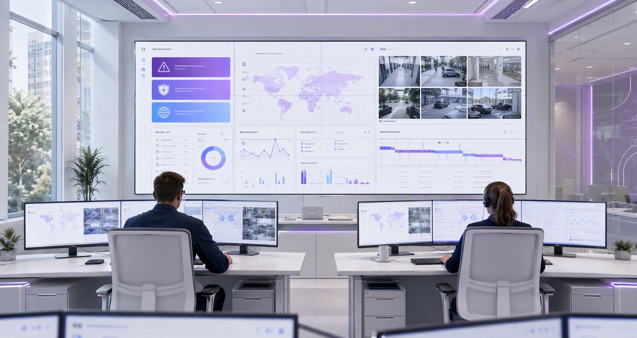 Enterprise security operations center with a large FacePe Watch dashboard showing alerts, camera feeds and identity analytics