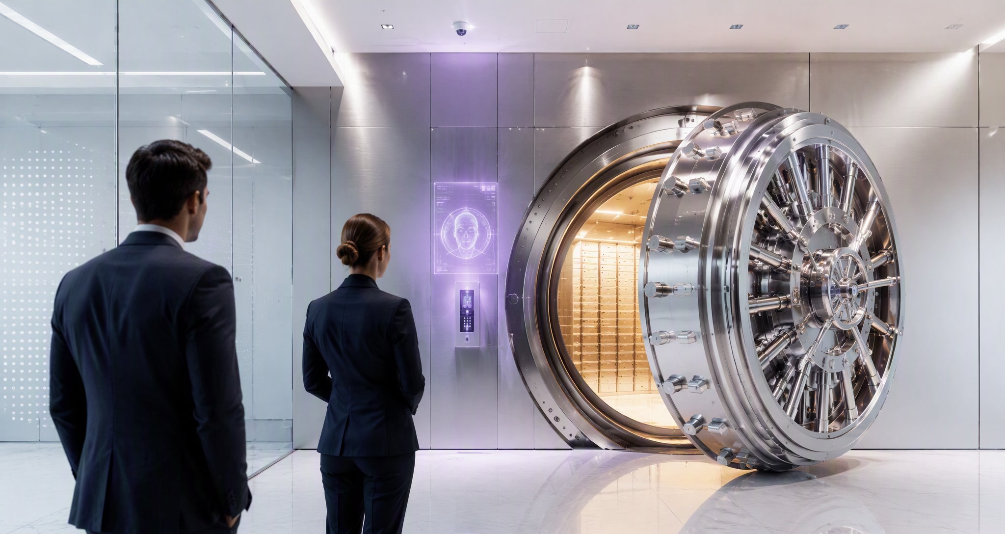 High-security bank vault corridor with a holographic access-verified panel and dual authorized personnel